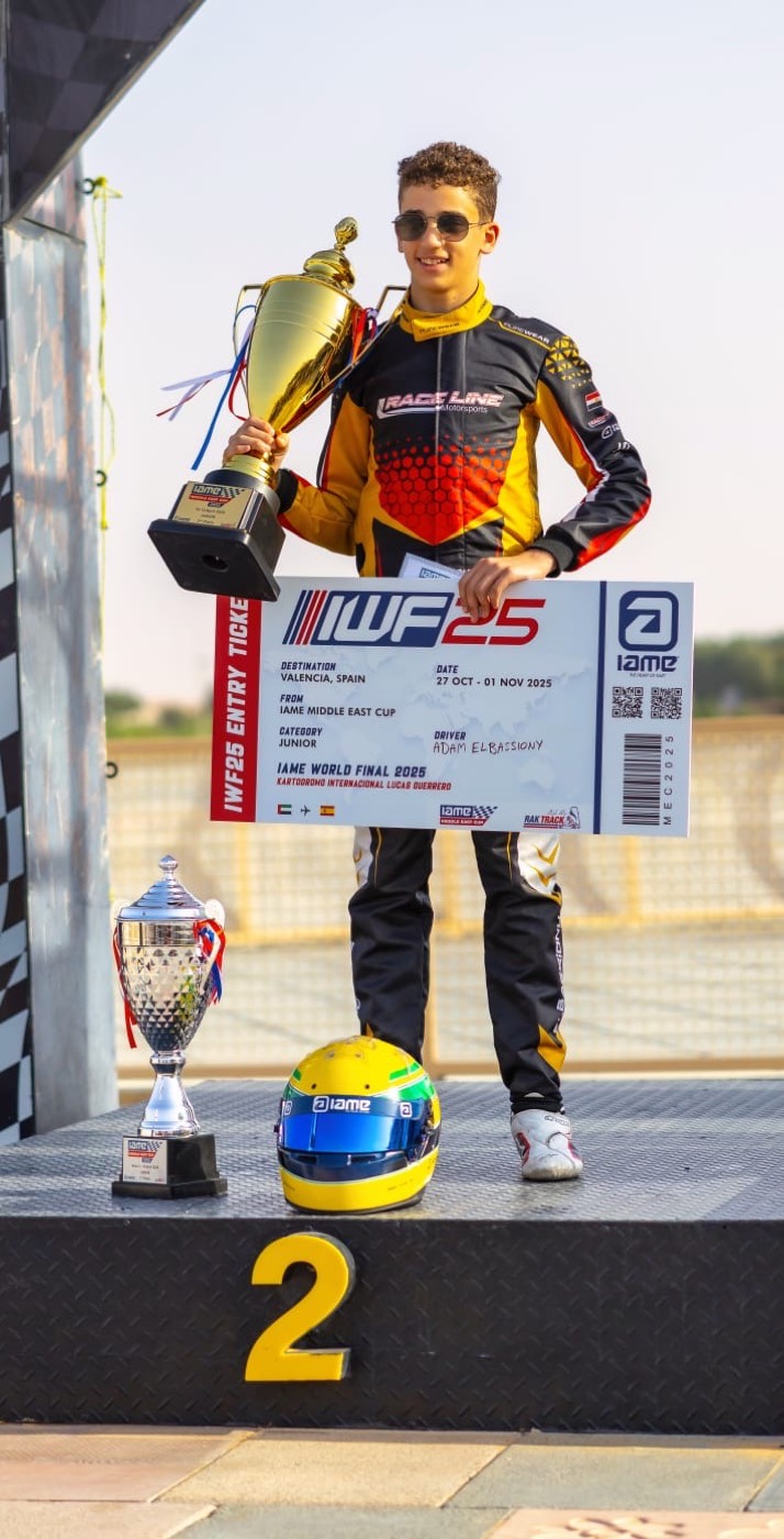 Adam el Bassiony with his IAME World Final 2025 qualification trophy and ticket